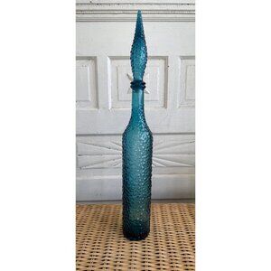 Vintage MCM Empoli Italy Glass Bottle Decanter Turquoise Blue Hobnail Bubble 22"